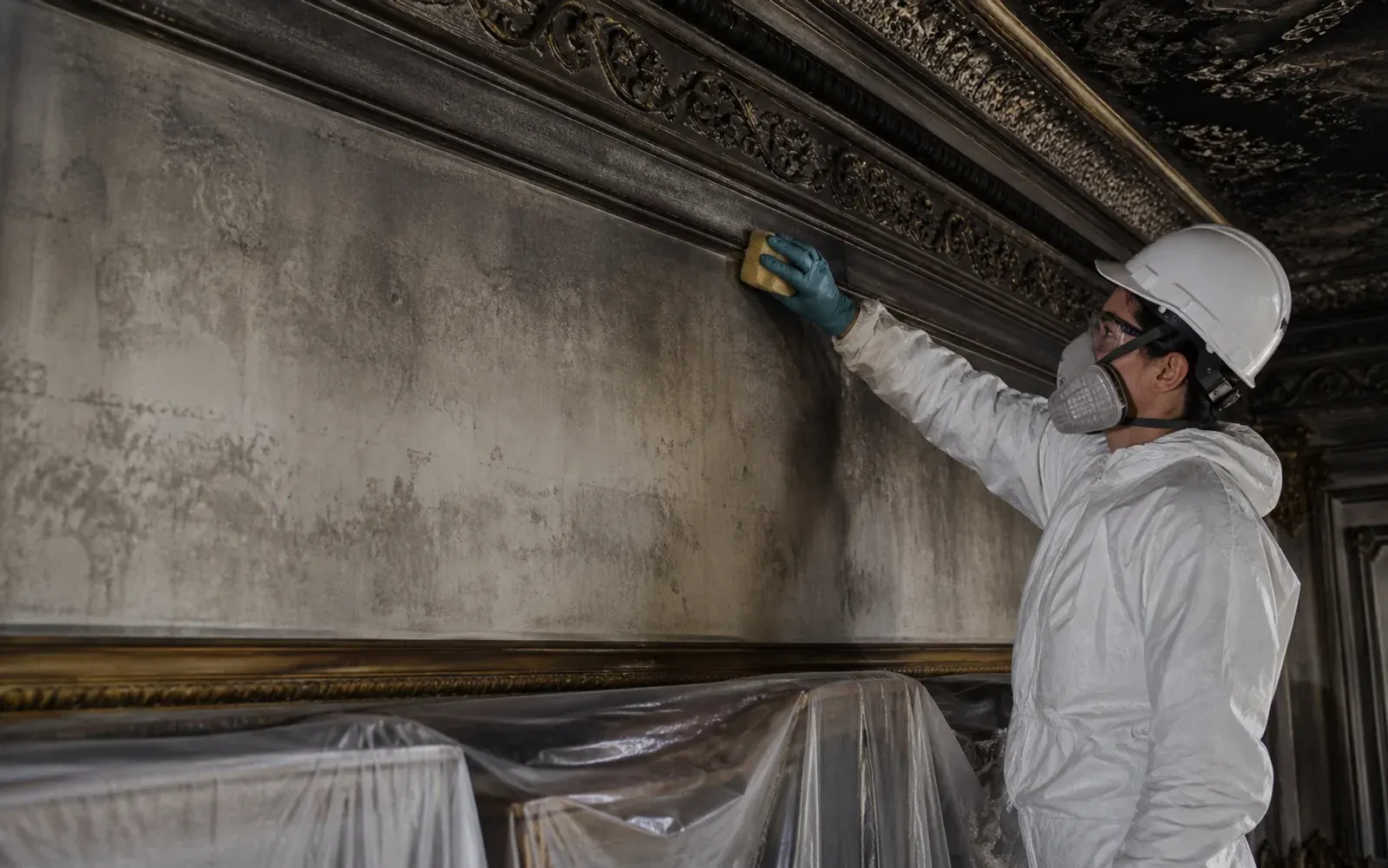 Pulizia post incendio di una cornice decorativa