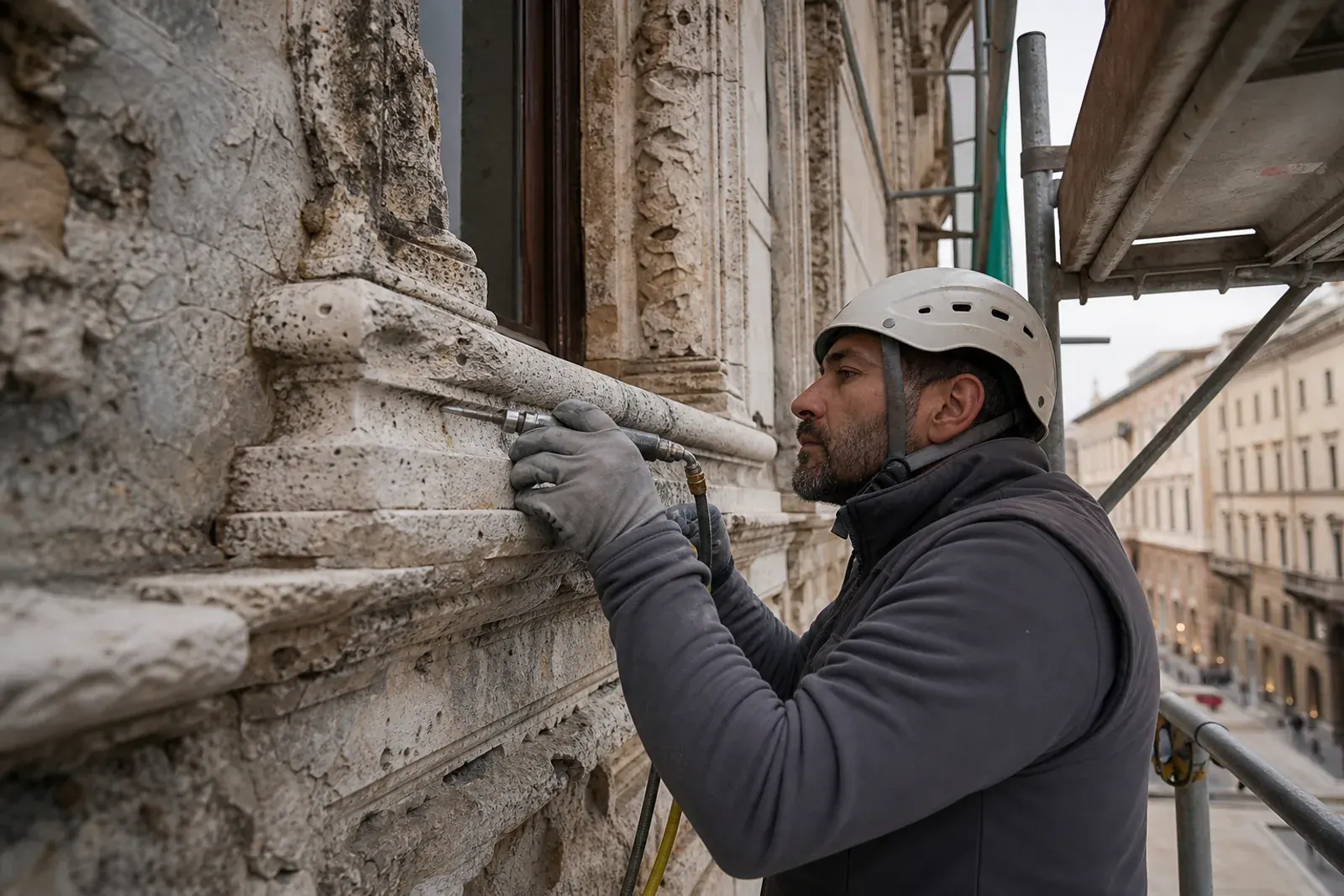 Facciata storica durante il restauro