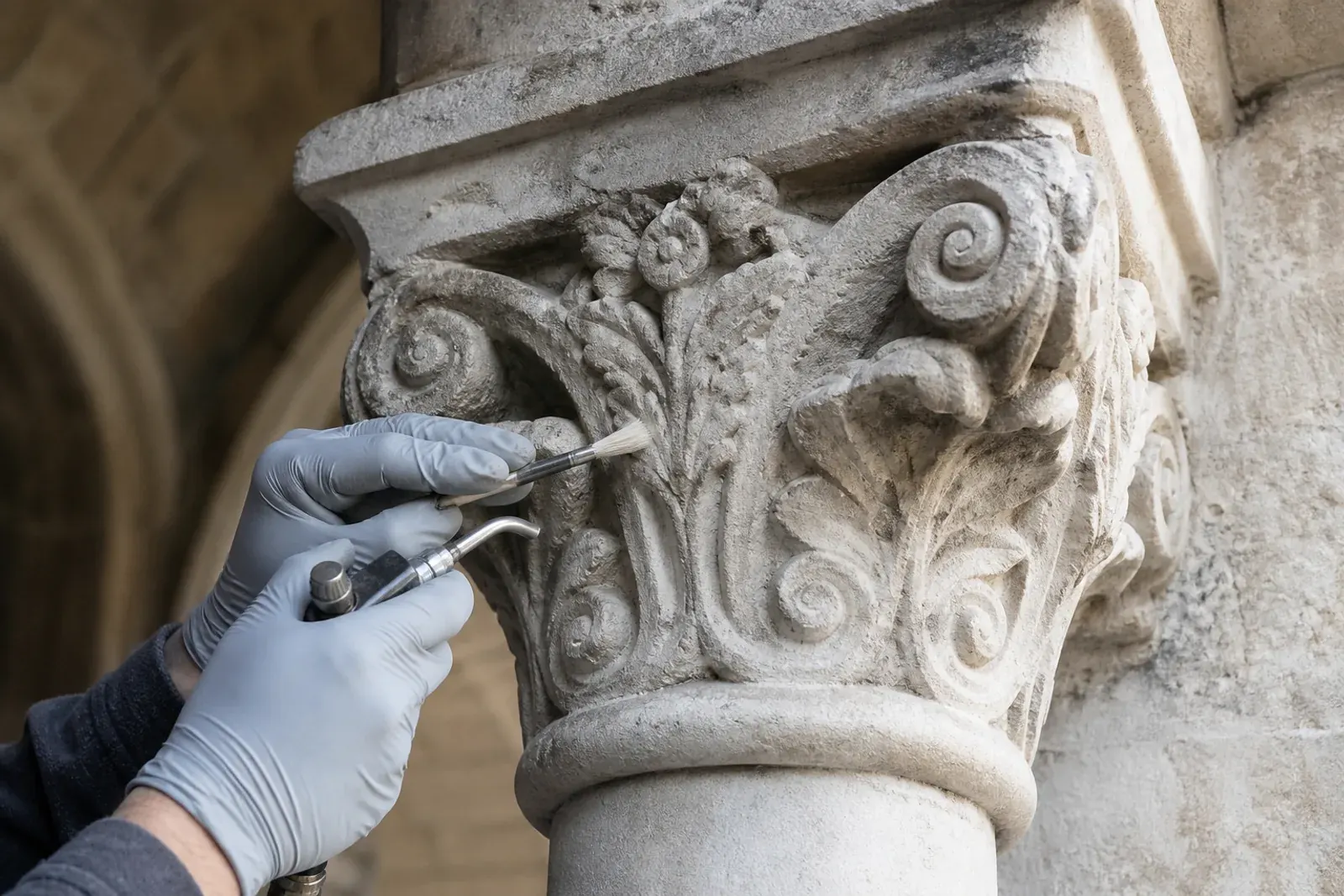 Pulizia a pennello di un capitello in pietra sotto un portico