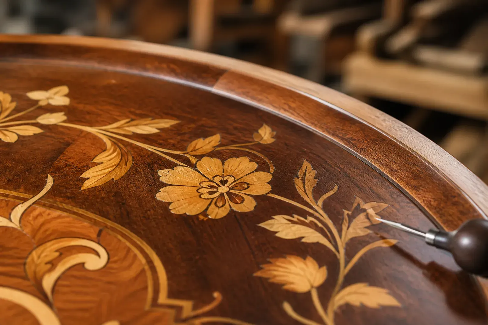 Restauro del legno: intarsio di un tavolo antico