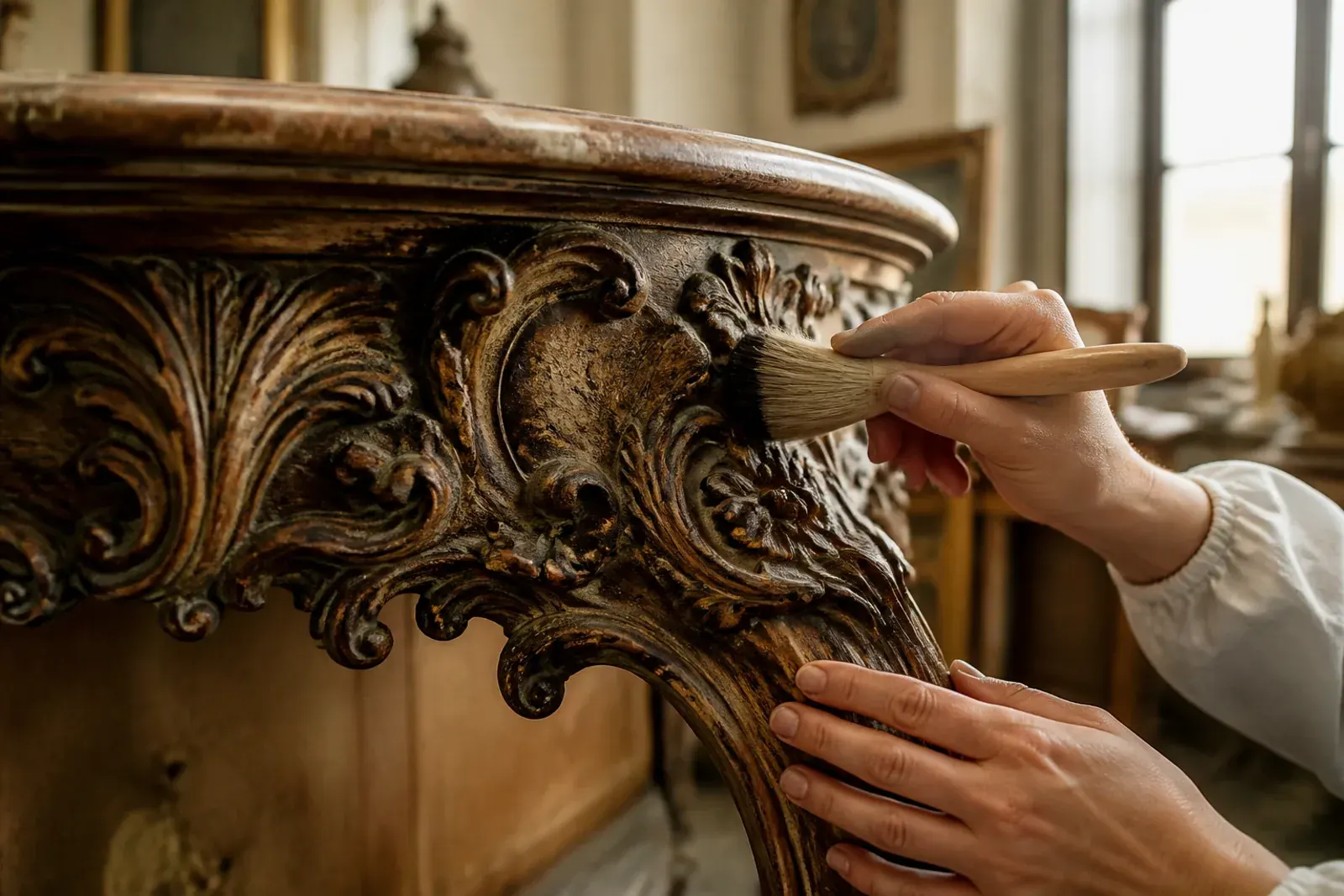Restauro del legno: console in legno intagliato restaurata