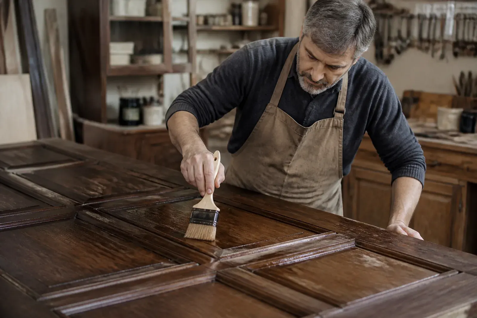 Finitura di un portone in legno restaurato