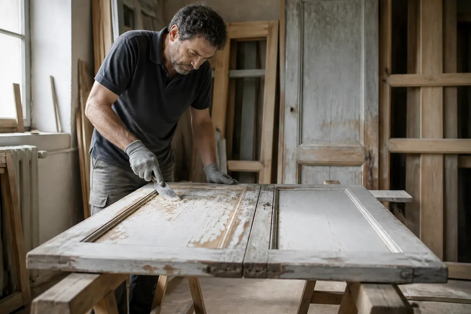 Anta di finestra in legno durante la registrazione