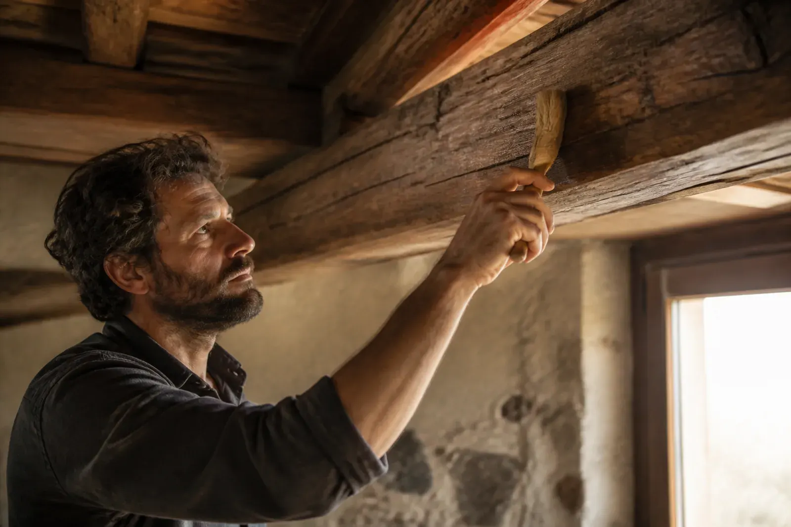Soffitto con travi a vista dopo la pulizia