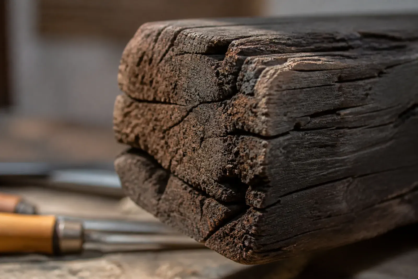 Restauro travi in legno: testa di una trave in legno