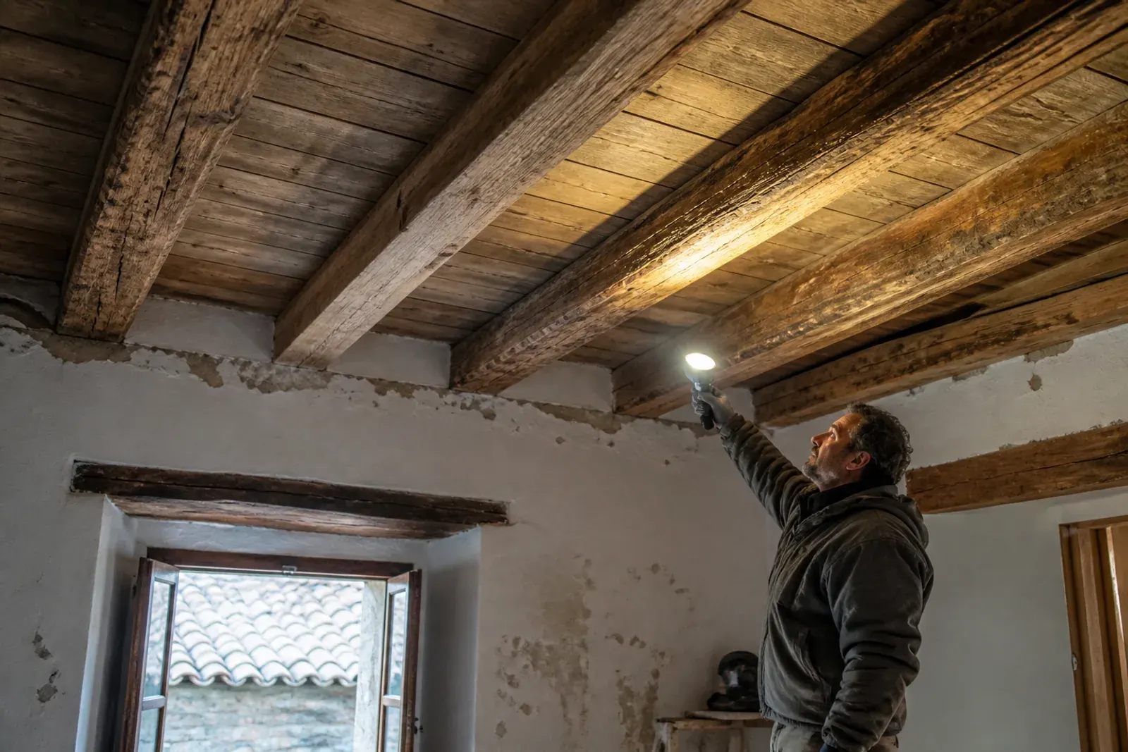 Restauro travi in legno: soffitto rustico con travi in legno