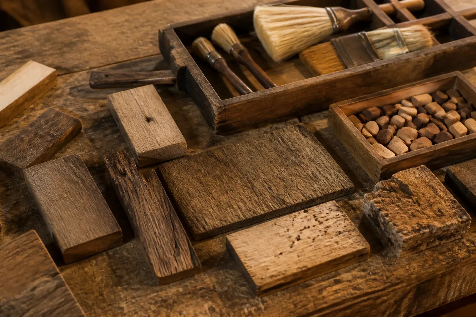 Restauro travi in legno: campionature di finitura sulle travi in legno