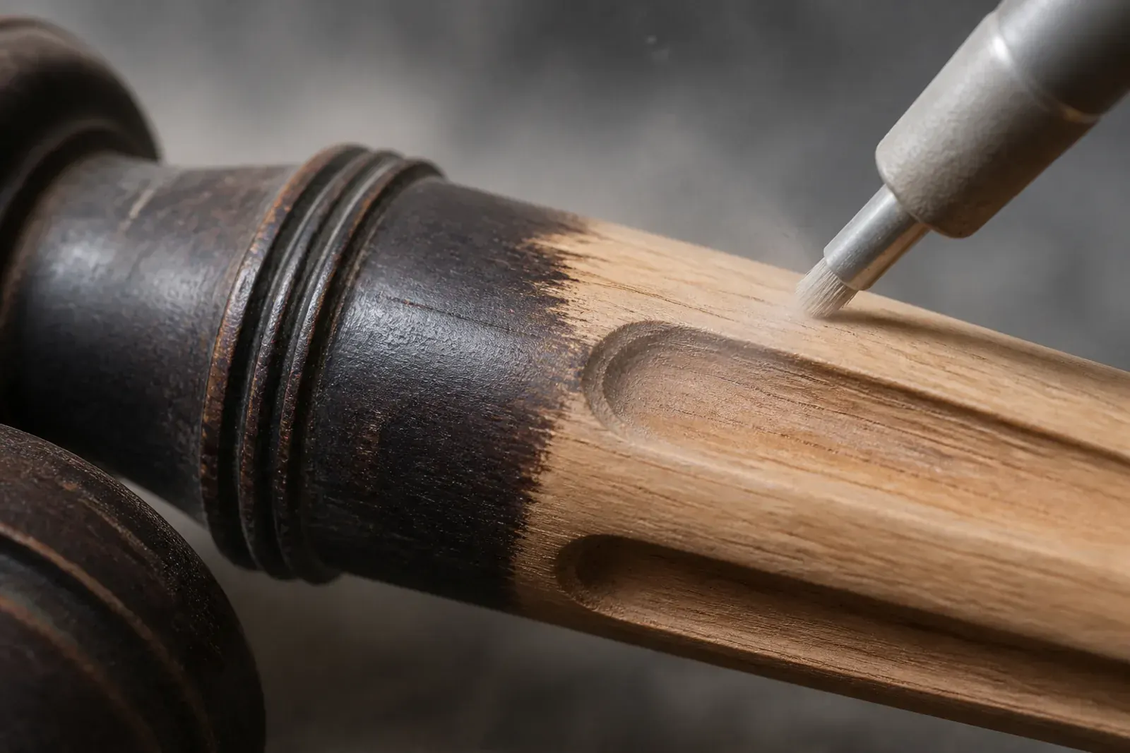 Sabbiatura del legno: gamba di una sedia in legno sabbiata