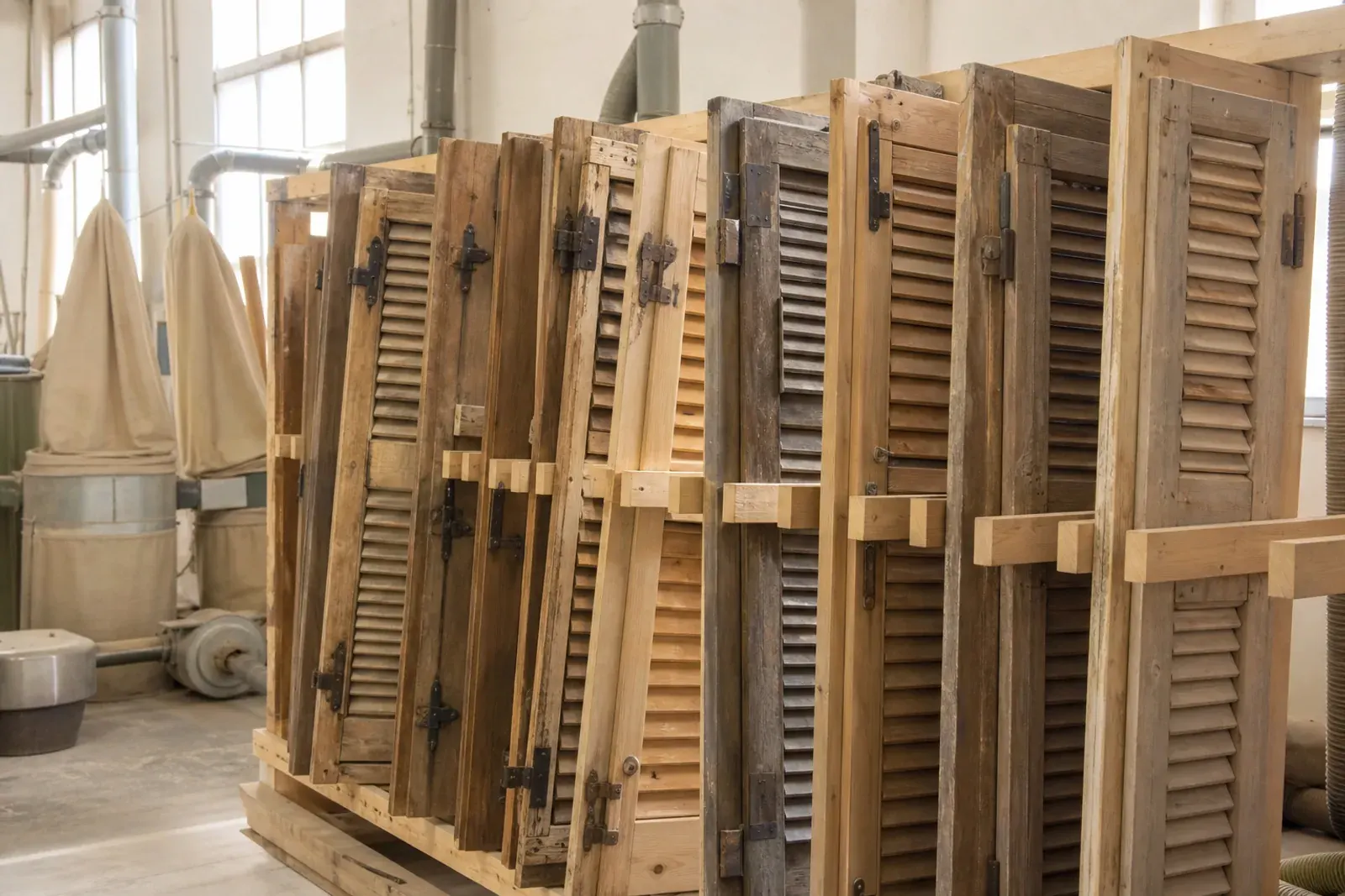 Sabbiatura del legno: scuri in legno sabbiati sulla rastrelliera