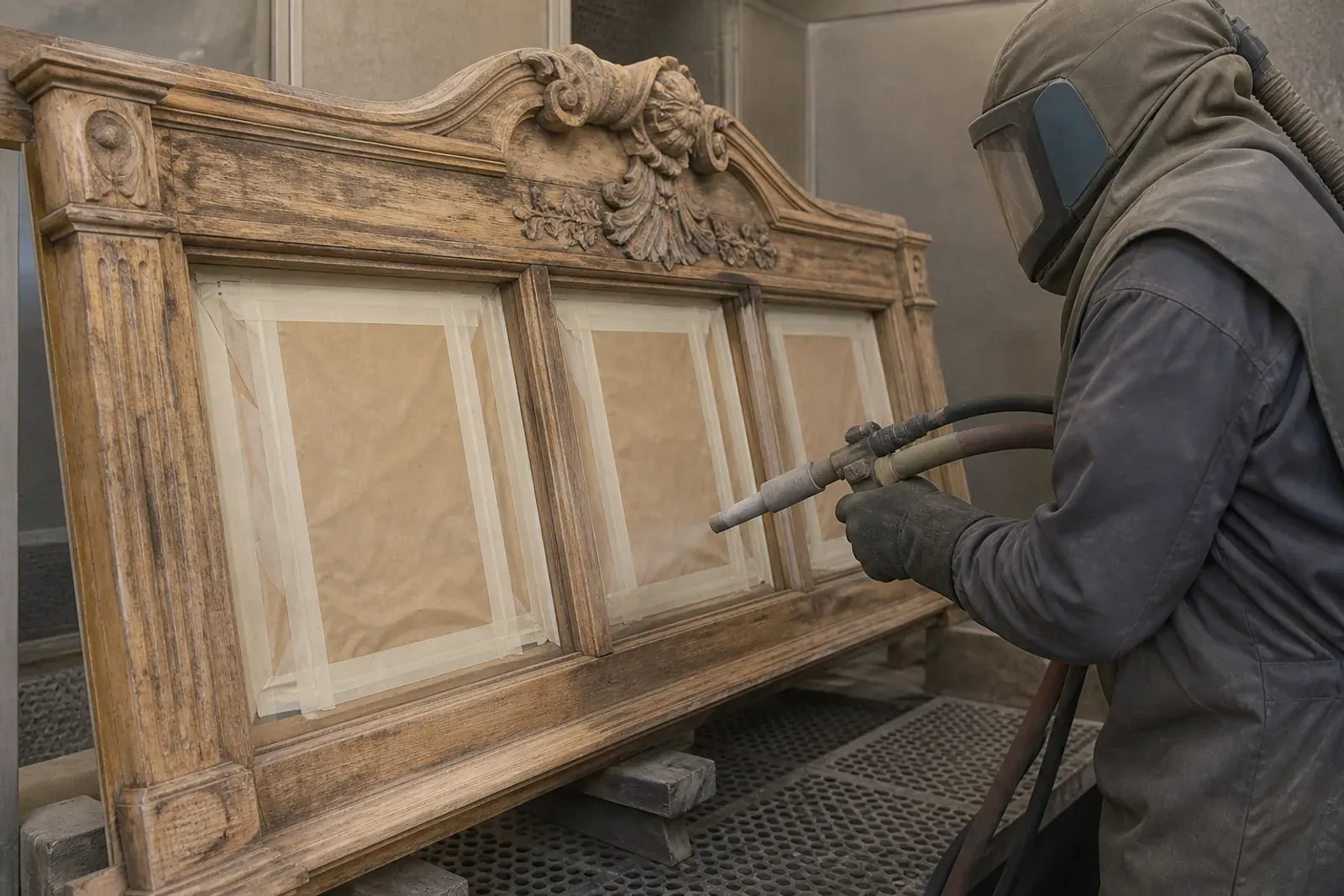 Finestra mascherata prima della sabbiatura del legno