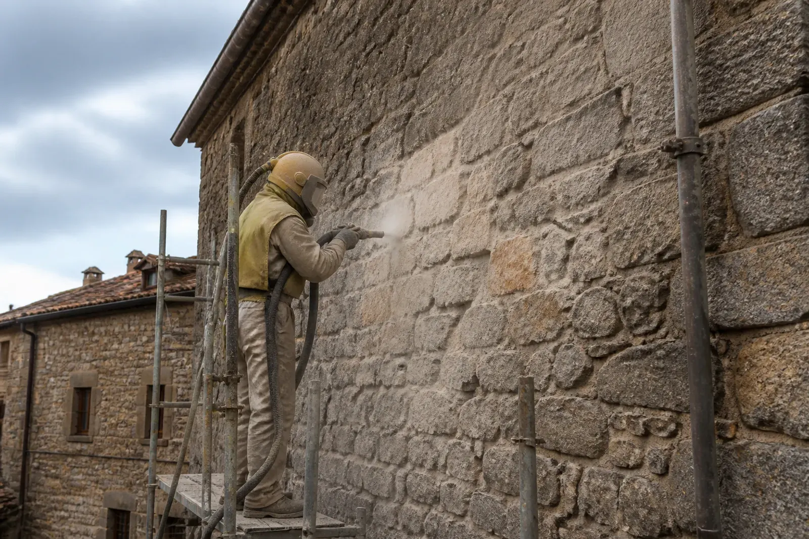 Pulizia a bassa pressione del muro in pietra di un borgo