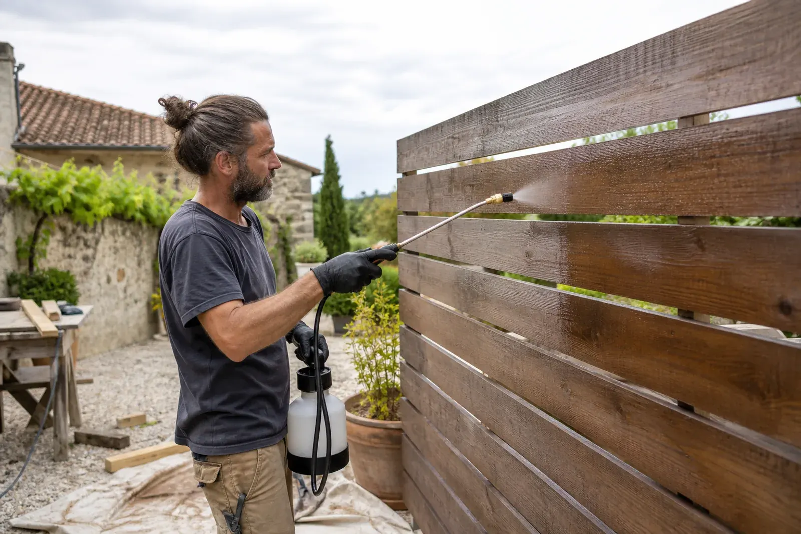 Restauro legno esterno: verniciatura a spruzzo di un frangisole in legno