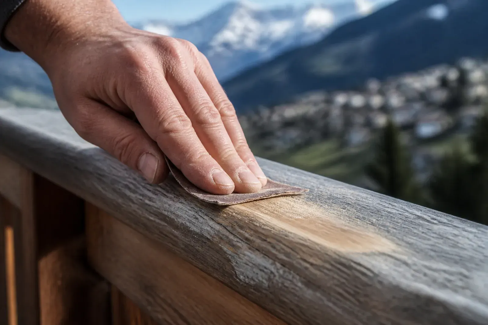 Restauro legno esterno: carteggiatura di un parapetto in legno