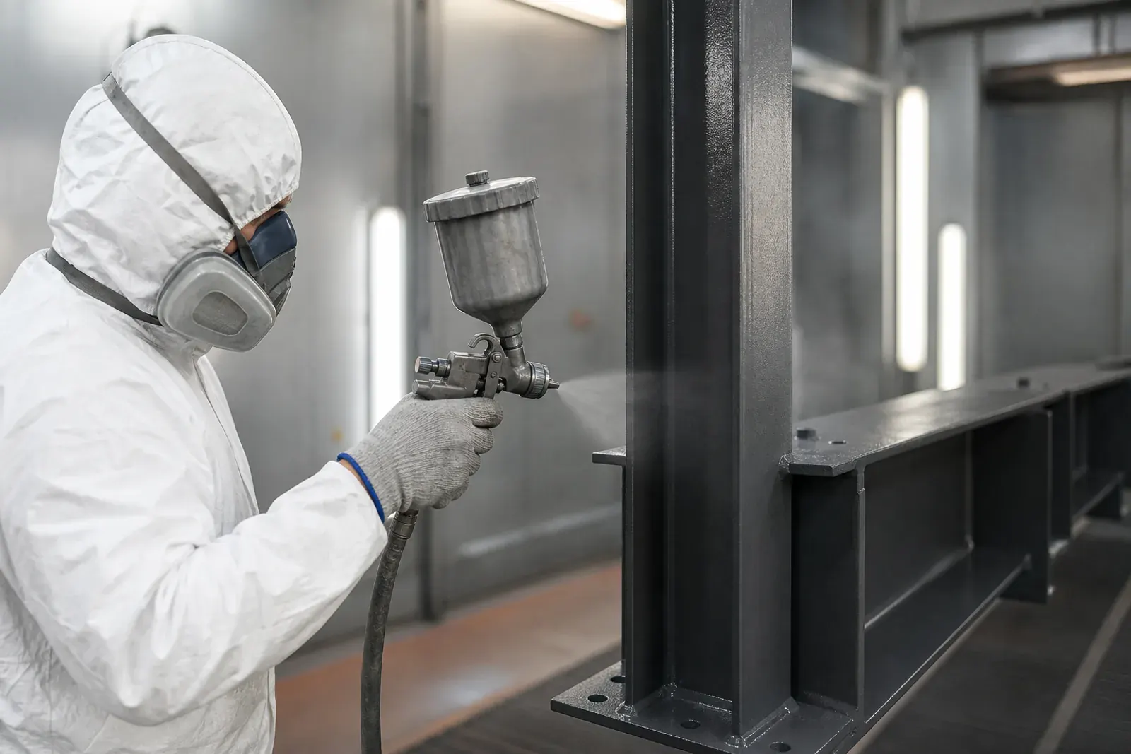 Verniciatura di un montante in acciaio di una struttura industriale