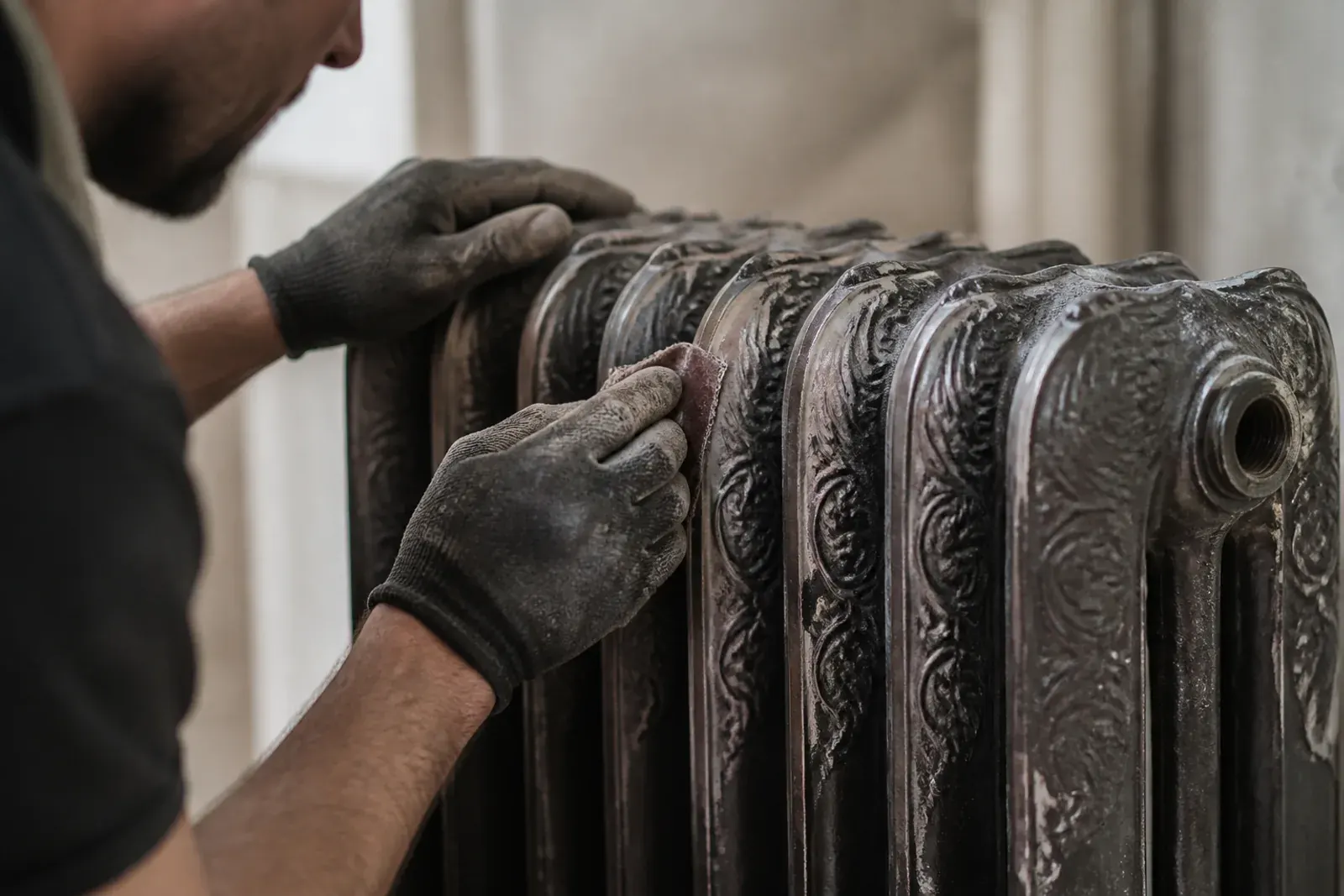 Restauro termosifoni: preparazione di un termosifone prima della verniciatura